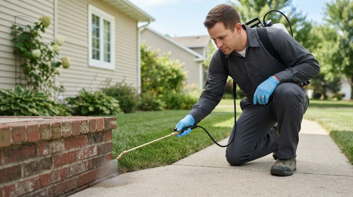 Pest control technician treating a home near West Bloomfield, MI